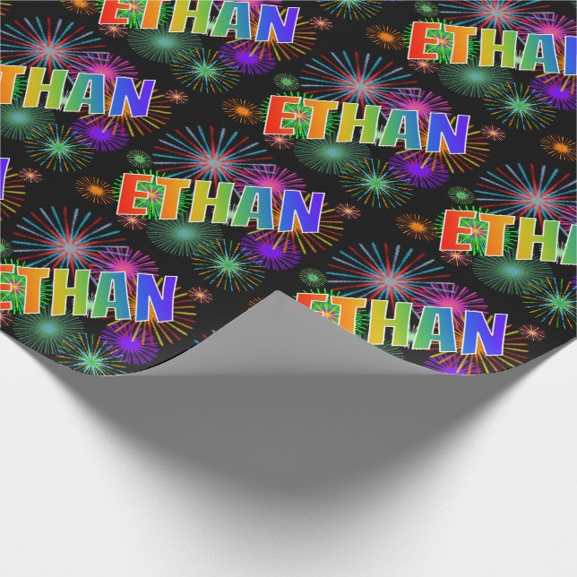 Rainbow First Name "ETHAN" + Fireworks Wrapping Paper (Corner)
