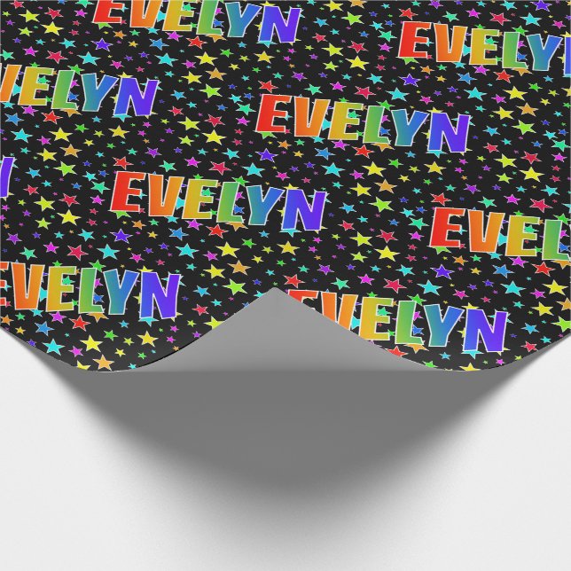 Rainbow First Name "EVELYN" + Stars Wrapping Paper (Corner)