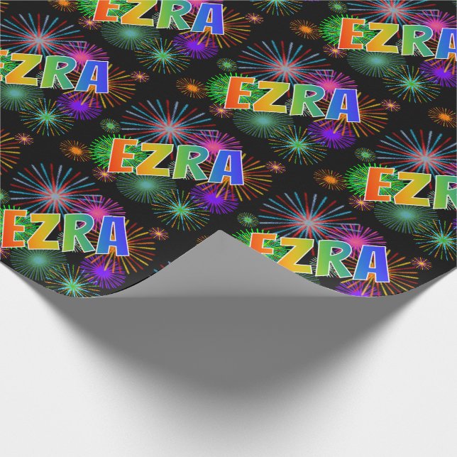 Rainbow First Name "EZRA" + Fireworks Wrapping Paper (Corner)