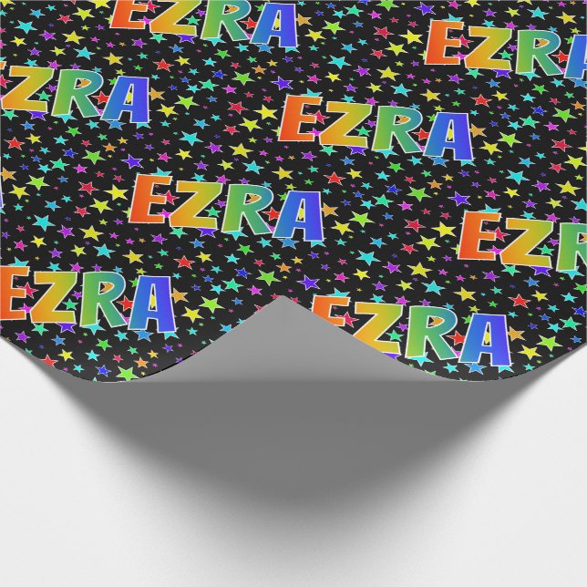Rainbow First Name "EZRA" + Stars Wrapping Paper (Corner)