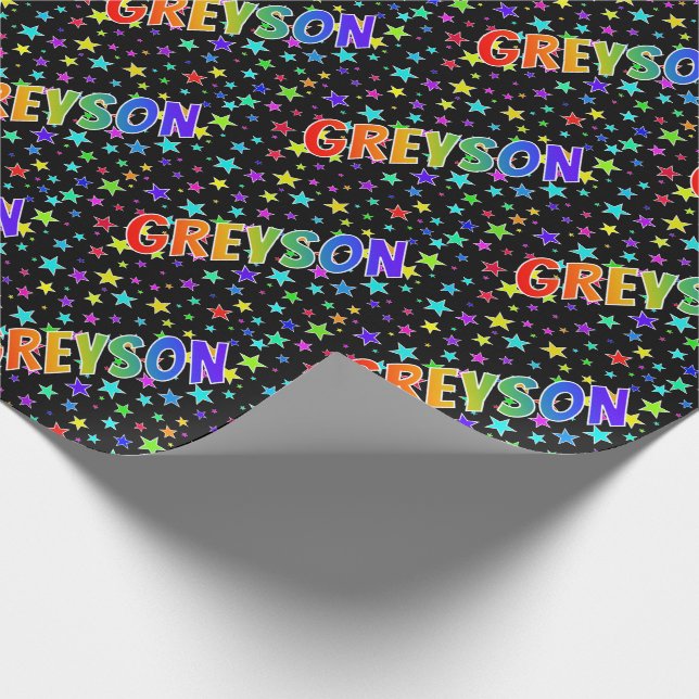 Rainbow First Name "GREYSON" + Stars Wrapping Paper (Corner)