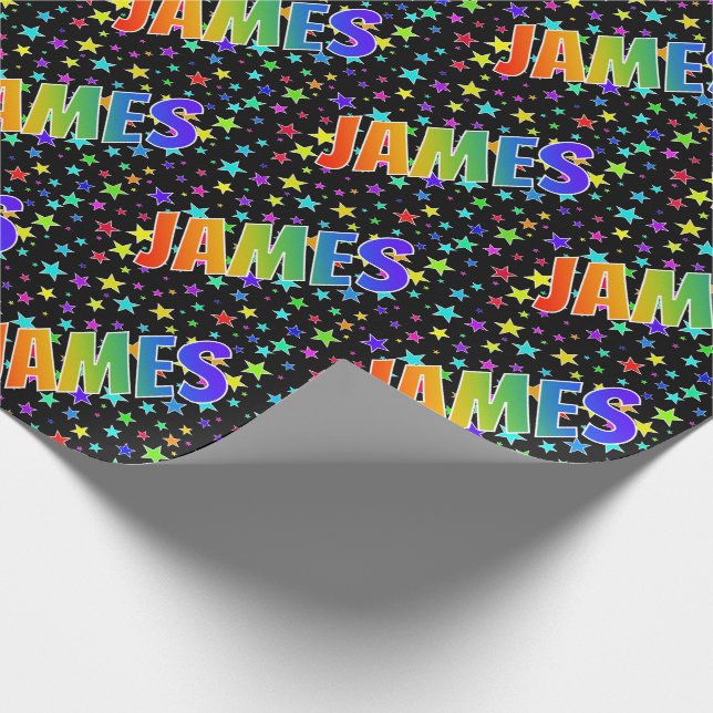 Rainbow First Name "JAMES" + Stars Wrapping Paper (Corner)