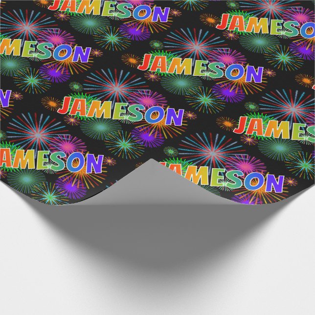 Rainbow First Name "JAMESON" + Fireworks Wrapping Paper (Corner)