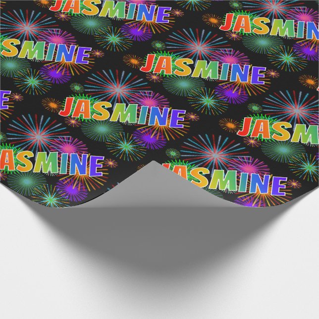 Rainbow First Name "JASMINE" + Fireworks Wrapping Paper (Corner)