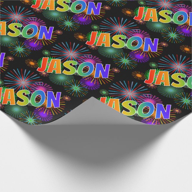 Rainbow First Name "JASON" + Fireworks Wrapping Paper (Corner)