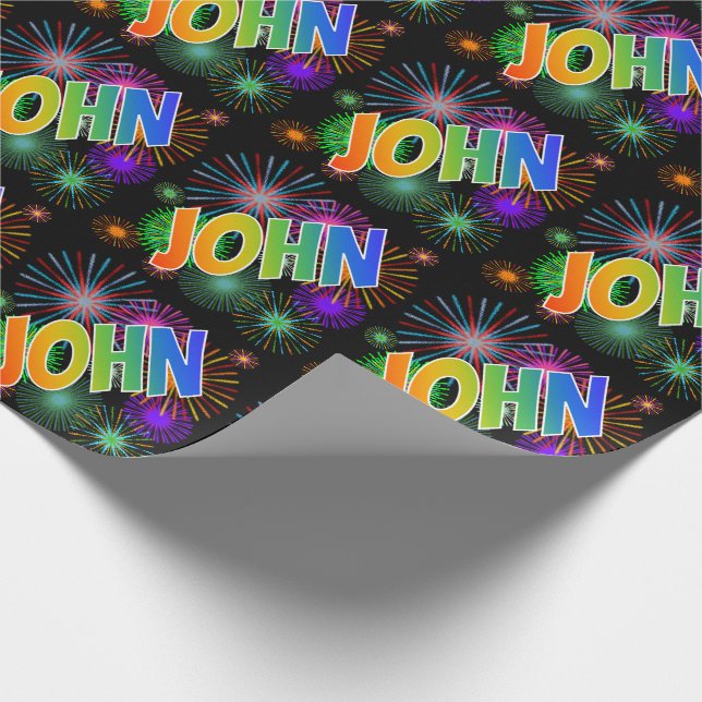 Rainbow First Name "JOHN" + Fireworks Wrapping Paper (Corner)