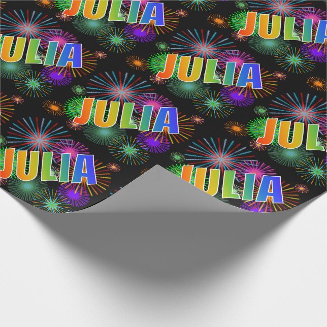 Rainbow First Name "JULIA" + Fireworks Wrapping Paper (Corner)