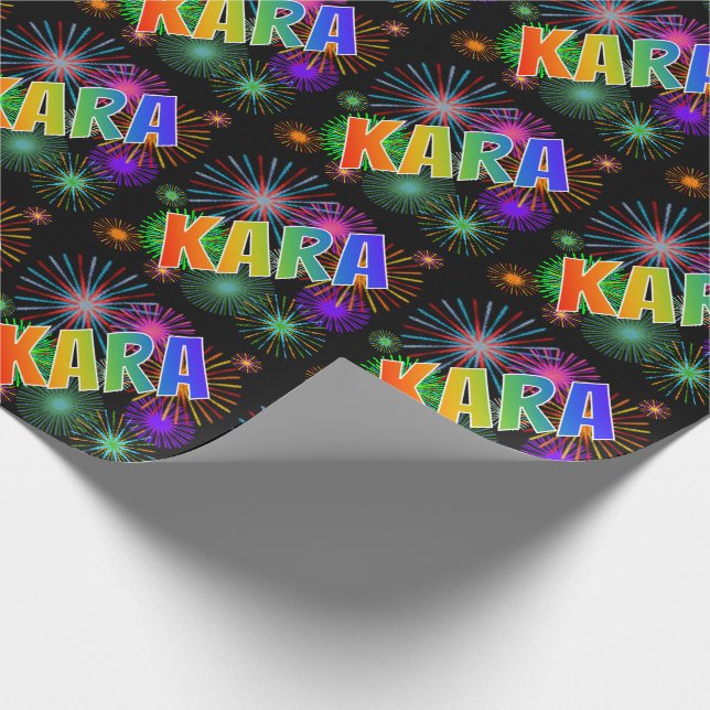 Rainbow First Name "KARA" + Fireworks Wrapping Paper (Corner)
