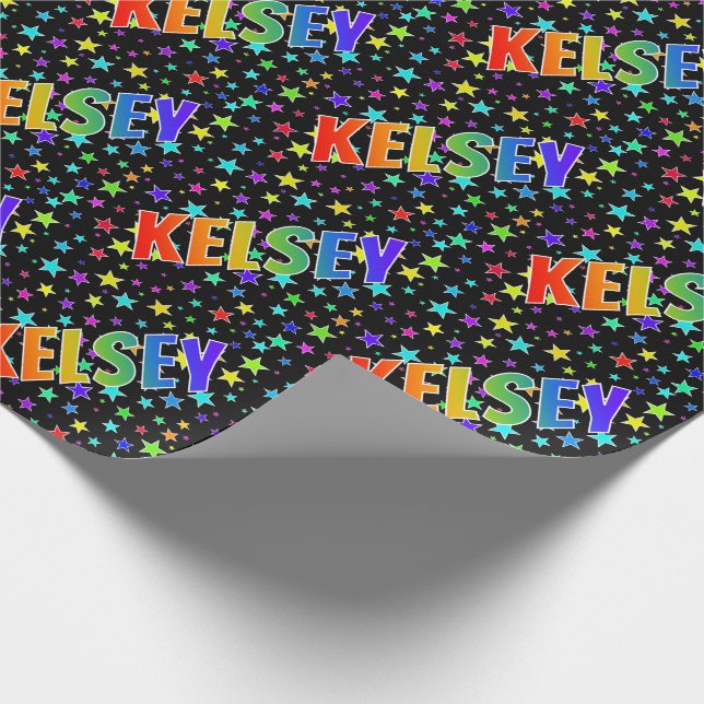 Rainbow First Name "KELSEY" + Stars Wrapping Paper (Corner)