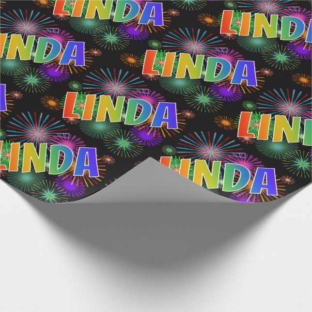 Rainbow First Name "LINDA" + Fireworks Wrapping Paper (Corner)