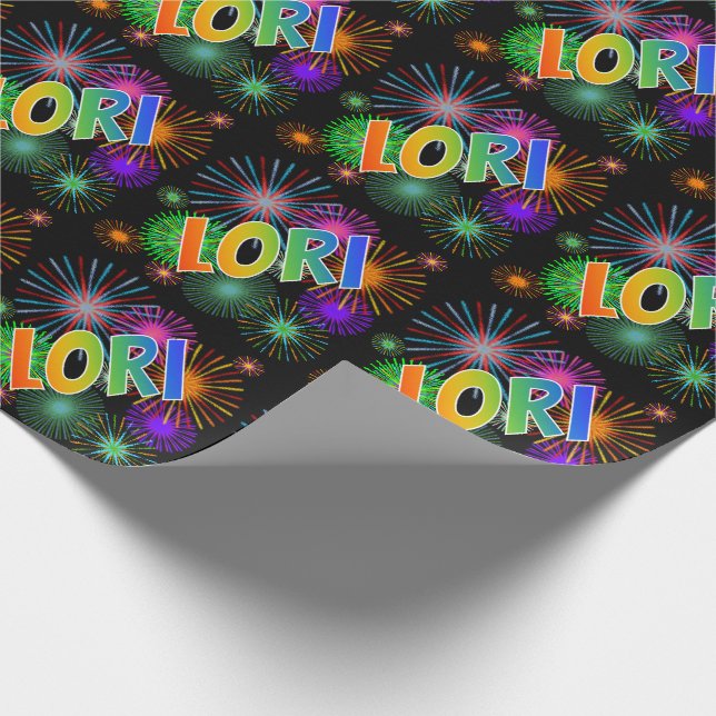 Rainbow First Name "LORI" + Fireworks Wrapping Paper (Corner)