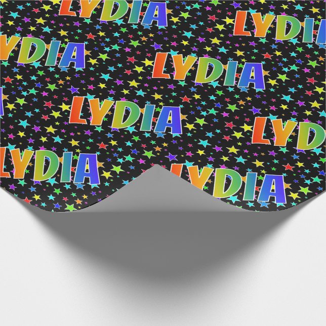 Rainbow First Name "LYDIA" + Stars Wrapping Paper (Corner)