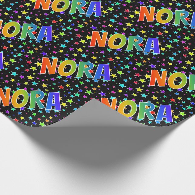 Rainbow First Name "NORA" + Stars Wrapping Paper (Corner)