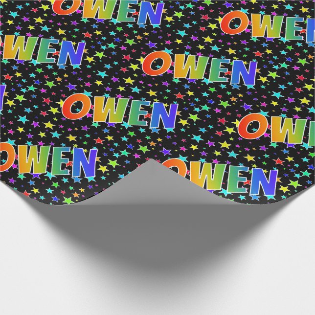Rainbow First Name "OWEN" + Stars Wrapping Paper (Corner)