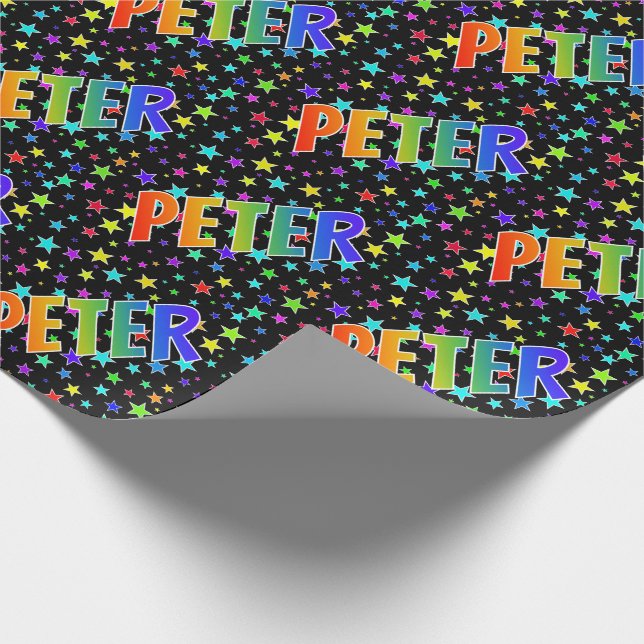 Rainbow First Name "PETER" + Stars Wrapping Paper (Corner)