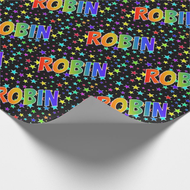 Rainbow First Name "ROBIN" + Stars Wrapping Paper (Corner)