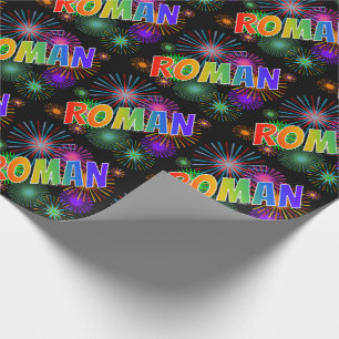 Rainbow First Name "ROMAN" + Fireworks Wrapping Paper