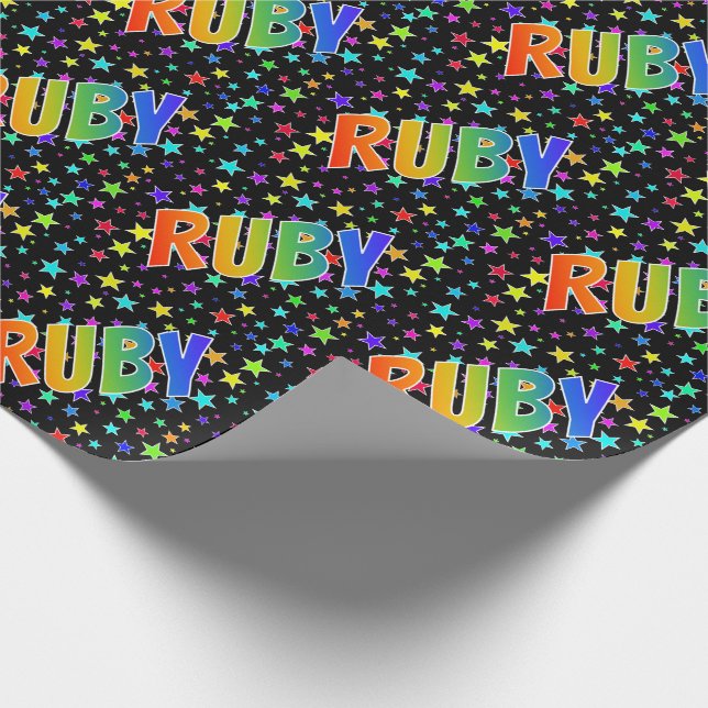 Rainbow First Name "RUBY" + Stars Wrapping Paper (Corner)