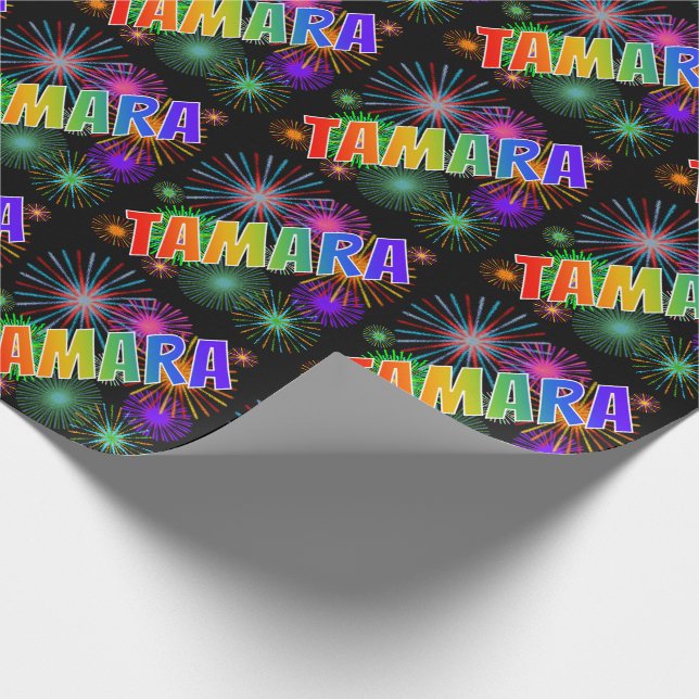 Rainbow First Name "TAMARA" + Fireworks Wrapping Paper (Corner)