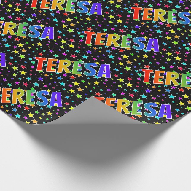 Rainbow First Name "TERESA" + Stars Wrapping Paper (Corner)