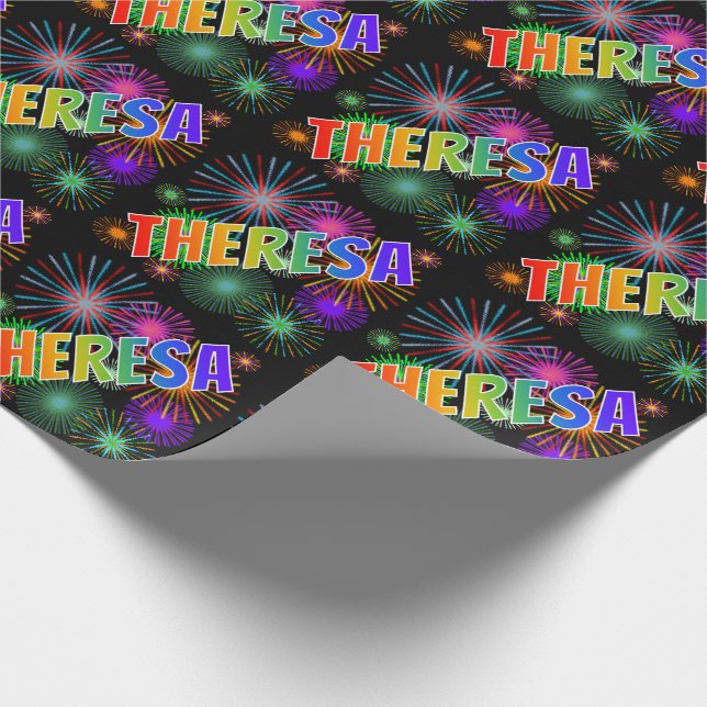 Rainbow First Name "THERESA" + Fireworks Wrapping Paper (Corner)