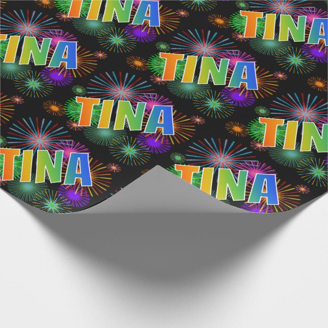 Rainbow First Name "TINA" + Fireworks Wrapping Paper (Corner)