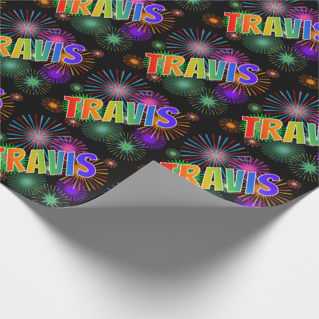 Rainbow First Name "TRAVIS" + Fireworks Wrapping Paper (Corner)