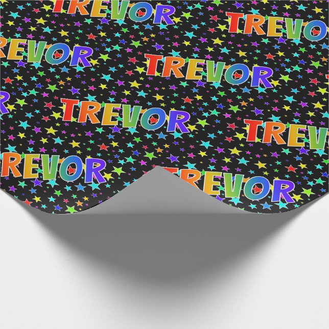 Rainbow First Name "TREVOR" + Stars Wrapping Paper (Corner)