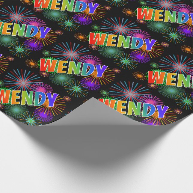 Rainbow First Name "WENDY" + Fireworks Wrapping Paper (Corner)