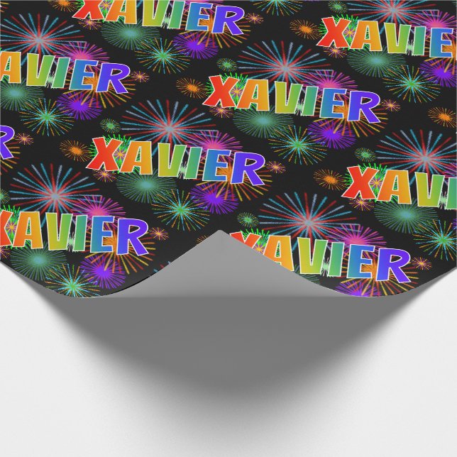 Rainbow First Name "XAVIER" + Fireworks Wrapping Paper (Corner)