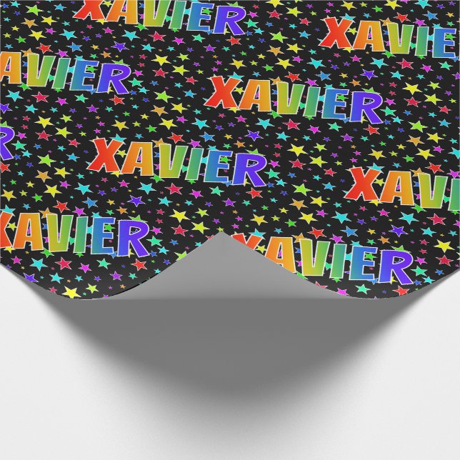 Rainbow First Name "XAVIER" + Stars Wrapping Paper (Corner)