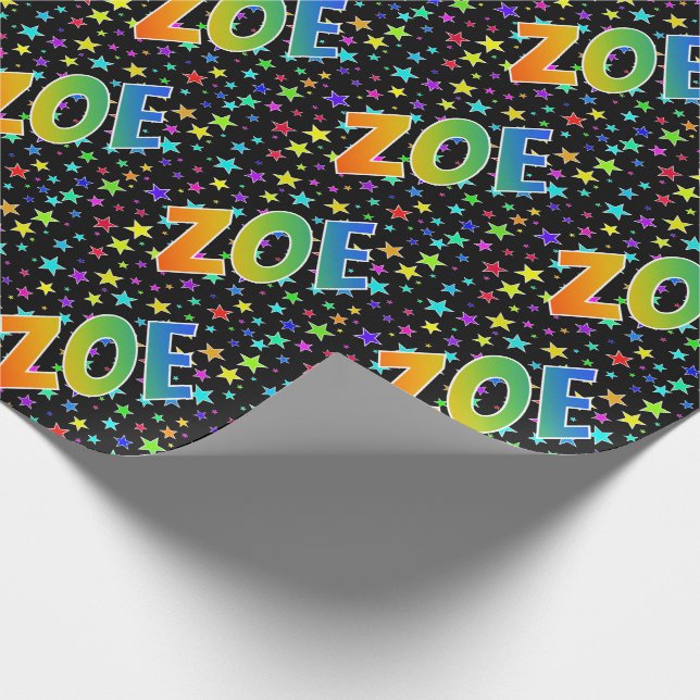 Rainbow First Name "ZOE" + Stars Wrapping Paper (Corner)