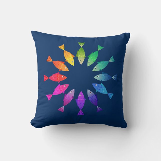 Rainbow fish in ocean cute colourful pattern throw pillow (Front)