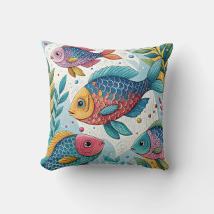 Rainbow Fish in Underwater Throw Pillow