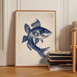 Rainbow Fish Print Linocut Vintage Poster Retro 