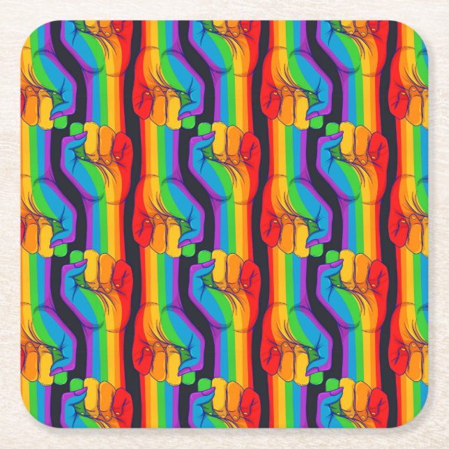 Rainbow Fist Pattern Square Paper Coaster (Front)