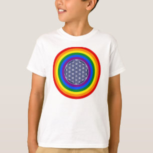 RAINBOW FLAG BUTTON + FLOWER OF LIFE T-Shirt