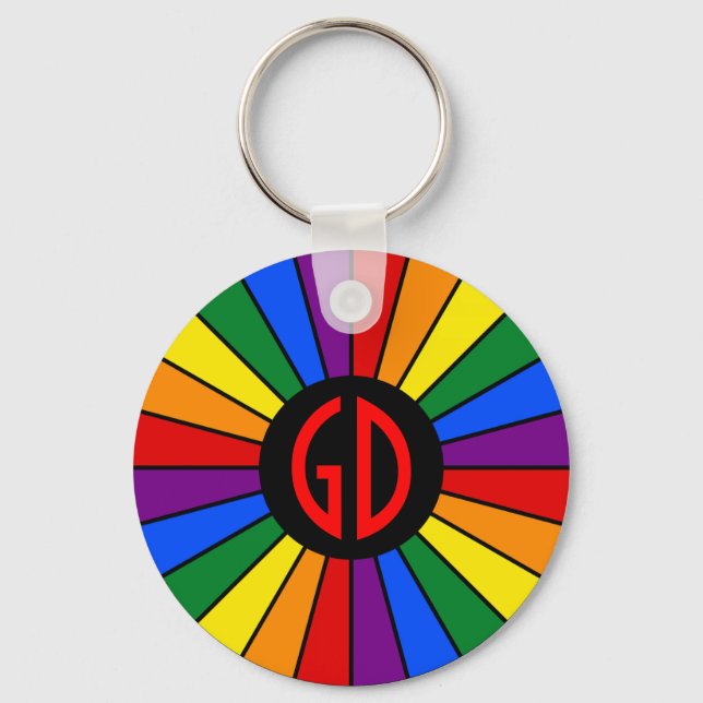 RAINBOW FLAG BUTTON RAYS + your sign or monogram Keychain (Front)