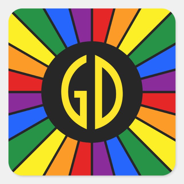 RAINBOW FLAG BUTTON RAYS + your sign or monogram Square Sticker (Front)