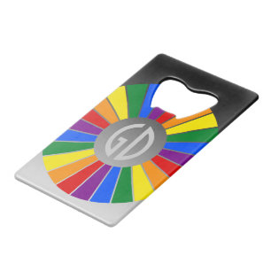 RAINBOW FLAG BUTTON RAYS + your sign or text Credit Card Bottle Opener