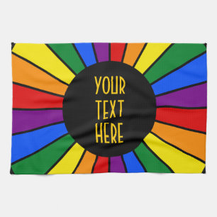 RAINBOW FLAG BUTTON RAYS + your sign or text Kitchen Towel