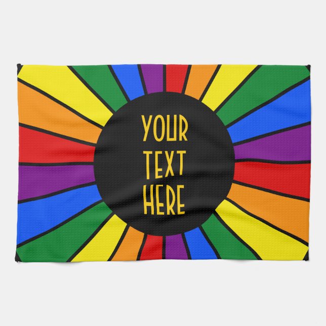 RAINBOW FLAG BUTTON RAYS + your sign or text Kitchen Towel (Horizontal)