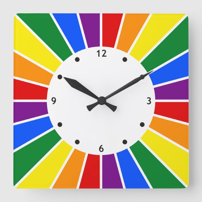 RAINBOW FLAG BUTTON RAYS + your sign or text Square Wall Clock (Front)