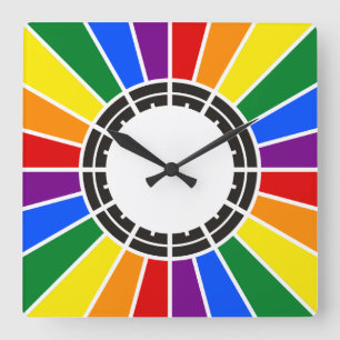 RAINBOW FLAG BUTTON RAYS + your sign or text Square Wall Clock