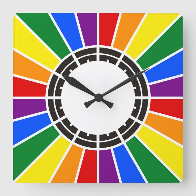 RAINBOW FLAG BUTTON RAYS + your sign or text Square Wall Clock (Front)