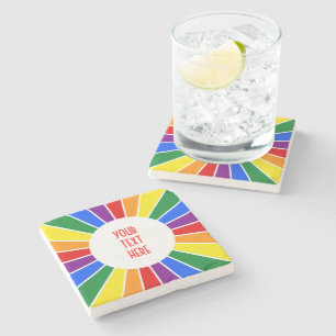 RAINBOW FLAG BUTTON RAYS + your sign or text Stone Coaster