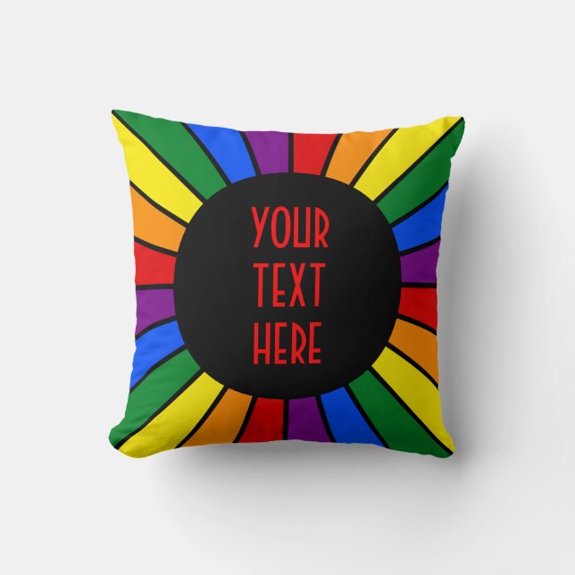 RAINBOW FLAG BUTTON RAYS + your sign or text Throw Pillow (Front)