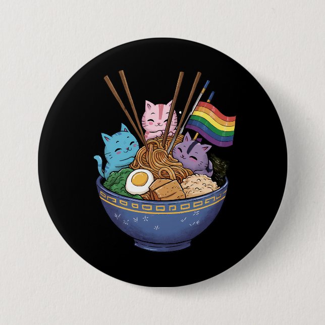 Rainbow Flag Cats Ramen Anime Gay Pride Month LGBT 3 Inch Round Button (Front)