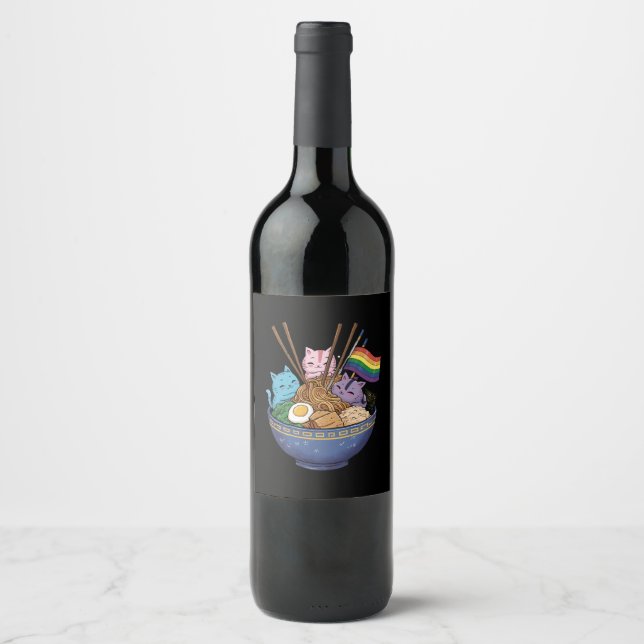 Rainbow Flag Cats Ramen Anime Gay Pride Month LGBT Wine Label (Front)