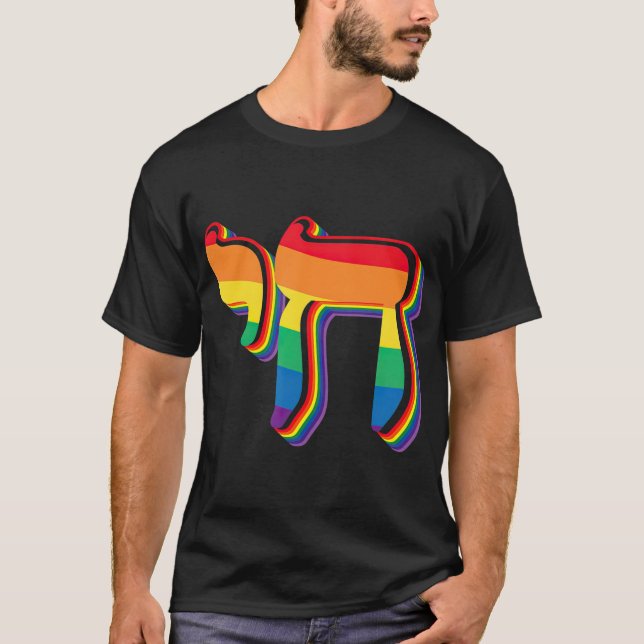 Rainbow Flag Chai Symbol Jewish Gay Pride Jew T-Shirt (Front)